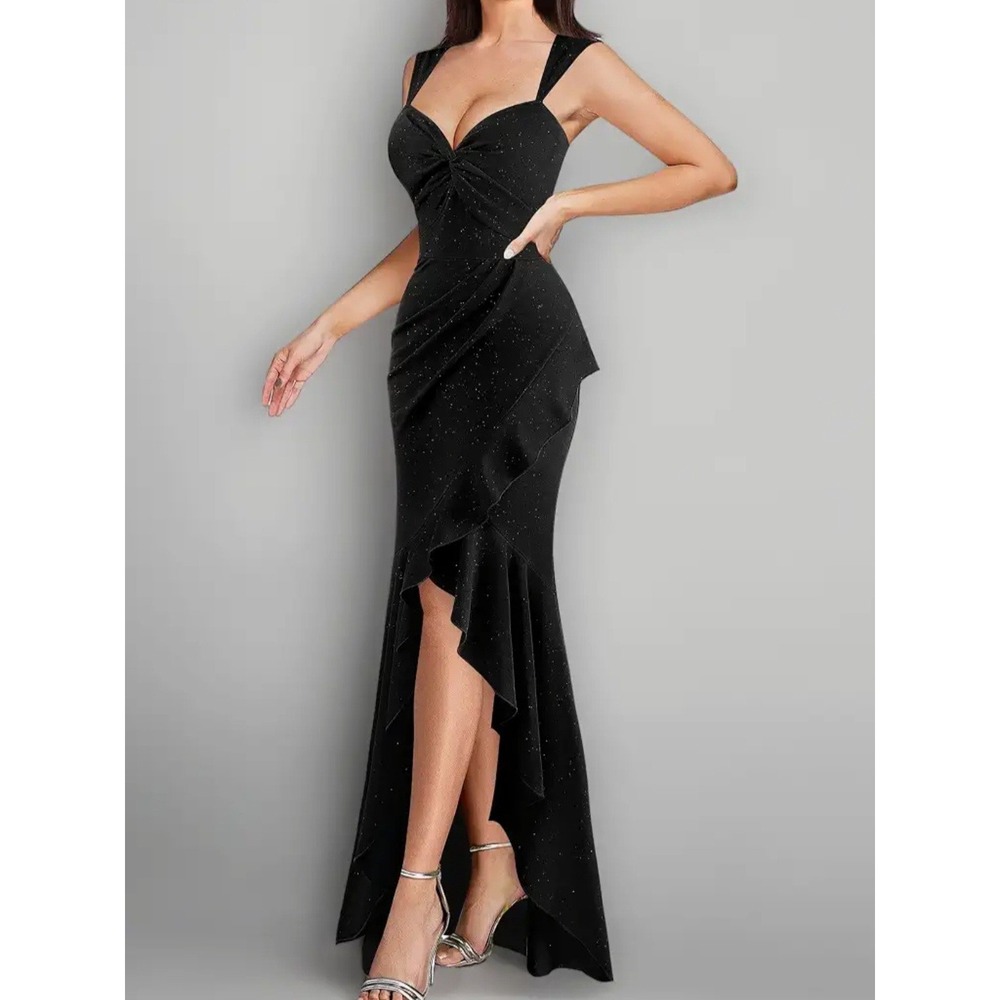 VFSHOW Womens Black Glitter Ruffle High Low Mermaid Evening Gown Dress XL NEW